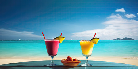 Colorful tropical cocktails on the beach with sea and blue sky backgroundの素材