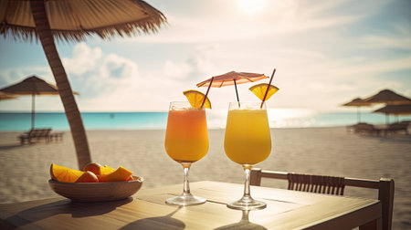 Two glasses of orange juice on a wooden table at the beach.の素材