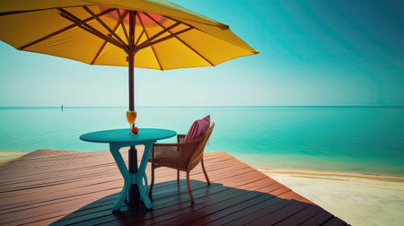 Table and chair with umbrella on beautiful tropical beach - Vintage filter effectの素材