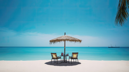 Parasol and two chairs on a tropical beach in Maldivesの素材