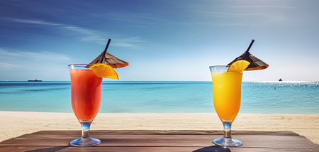 Two cocktails on a wooden table on the background of the sea.の素材