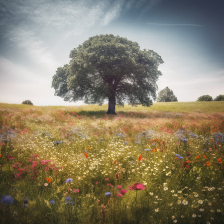 Beautiful summer landscape with blooming meadow and old oak tree.の素材