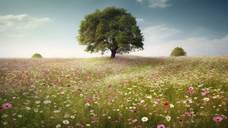 Single tree in a meadow with pink and white flowers under blue skyの素材
