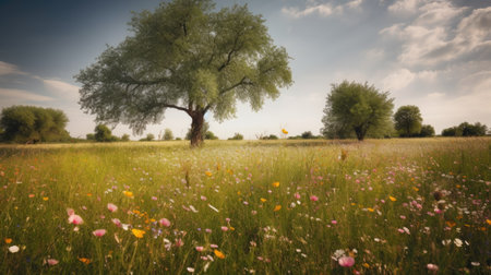 Beautiful spring landscape with blooming meadow and lonely tree.の素材