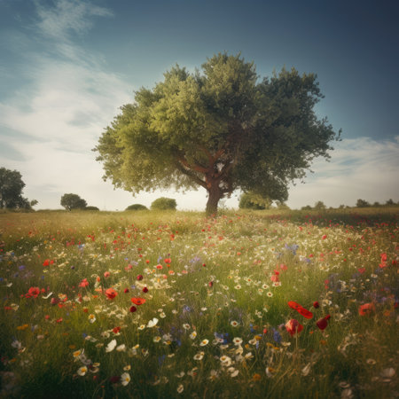 Beautiful meadow with poppies and olive tree, retro tonedの素材