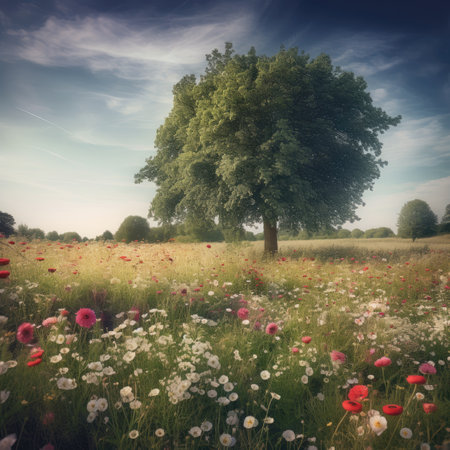 Beautiful meadow with red poppies and a lonely treeの素材