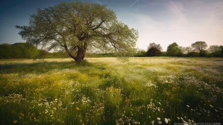 Beautiful spring landscape with a big tree in the meadow.の素材