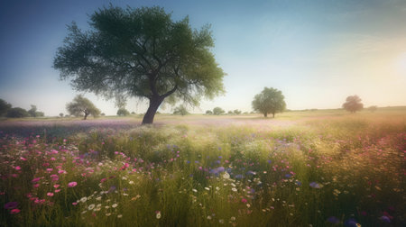 Beautiful meadow with wildflowers and a tree in the backgroundの素材