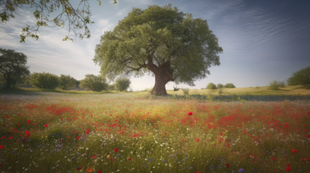 Old tree in the field of poppies and daisiesの素材