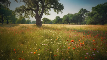 summer meadow with poppies and old oak trees.の素材