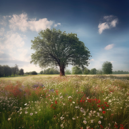 Beautiful summer landscape with blooming meadow and lonely tree.の素材
