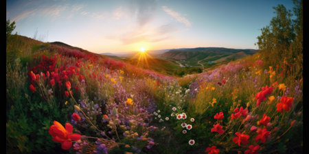 Beautiful panoramic landscape with colorful flowers on the hillside.の素材