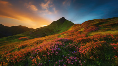 Sunset in the mountains. Colorful meadow with pink and purple flowersの素材