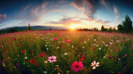 Beautiful meadow with pink and white flowers at sunset in summerの素材