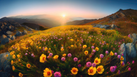Colorful meadow with wildflowers at sunset in the mountainsの素材