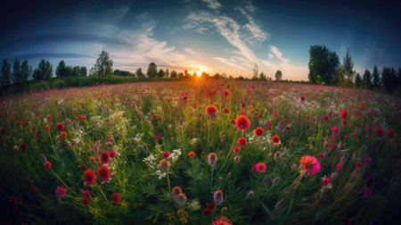 Sunset over a meadow with red poppies in summerの素材