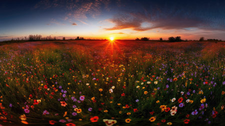 Sunset over a field of flowers. Colorful spring landscape.の素材