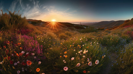Beautiful sunset over the meadow with poppies. 3d renderingの素材