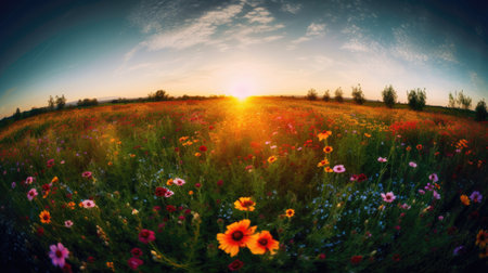 Beautiful sunset over a field of wildflowers. Toned.の素材