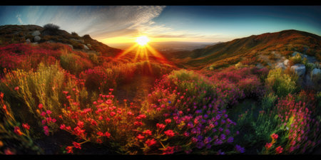 Beautiful sunset in the mountains. Panoramic view of the meadow with flowers.の素材