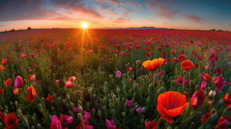Sunset over poppies field in summer. Beautiful landscape.の素材