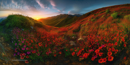 Beautiful panorama of meadow with red poppies at sunsetの素材