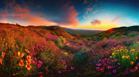 Panoramic view of blooming meadow with wildflowers at sunsetの素材