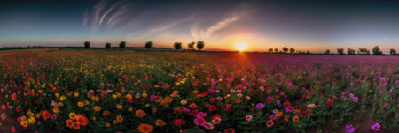 Panoramic view of blooming meadow with colorful flowers in sunsetの素材