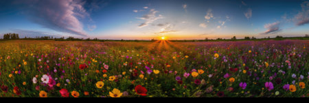 Panorama of a field of poppies and cornflowers at sunsetの素材