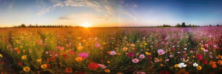 Panoramic view of beautiful blooming flower meadow at sunsetの素材