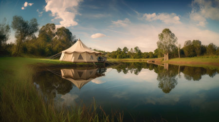 Camping tent on the lake with reflection in the water. Vintage style.の素材