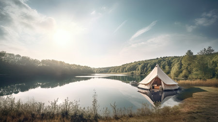 A tent on the shore of a lake in the middle of the forestの素材