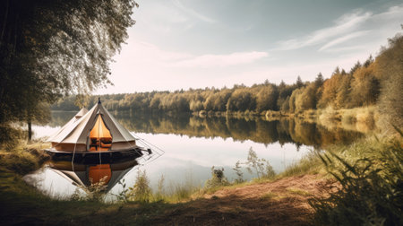 Camping on the shore of the lake in the autumn forest.の素材