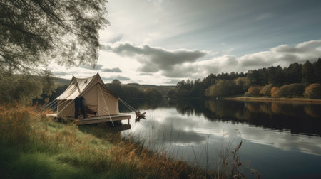 Camping tent on a lake in the autumn. Vintage style.の素材