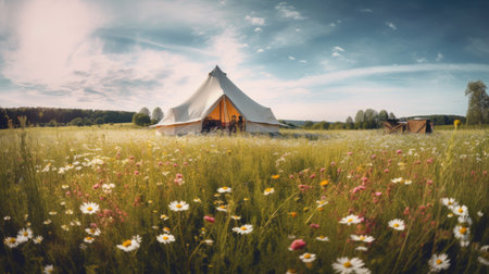 Tent in the meadow with wildflowers at sunset.の素材