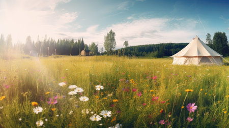 Beautiful summer landscape with a tent in the meadow and flowersの素材