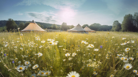 Beautiful chamomile field in summer with tent and blue skyの素材