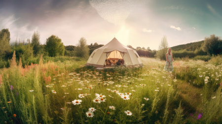 Couple in love camping in the meadow with camomilesの素材