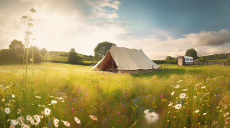 Camping tent in a meadow with chamomiles and flowersの素材
