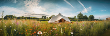 Tent in the field with flowers. Panoramic image.の素材