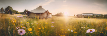 Beautiful meadow with a tent in the background. Vintage style.の素材