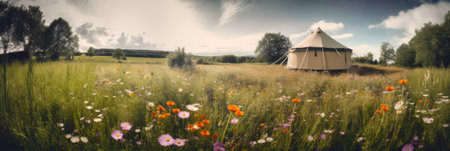 Panoramic image of a tent on a meadow with flowersの素材