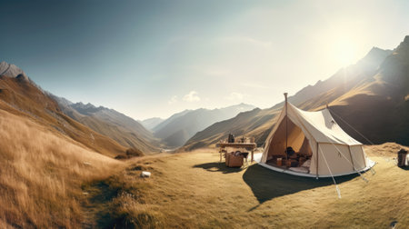 Camping in the mountains. 3d rendering, 3d illustration.の素材
