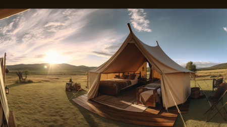 Camping tent in the field at sunset. 3d rendering.の素材