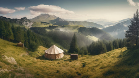 Camping tent in the Carpathian mountains. Panoramic view.の素材