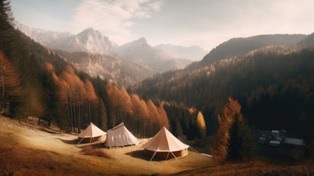 Beautiful autumn landscape in the mountains. A tent in the foreground.の素材