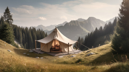 Camping tent on the meadow in the mountains. 3d illustrationの素材