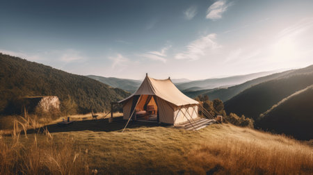 Tent on the meadow in the mountains. Vintage style.の素材
