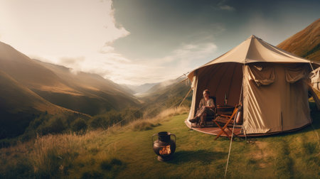 Camping in the mountains. Woman sitting in front of a tent.の素材