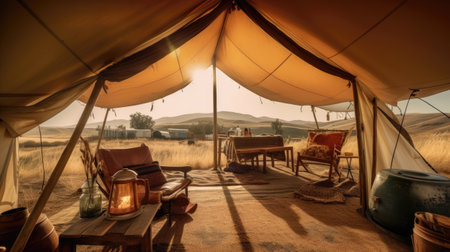 Camping tent in the countryside at sunset. Vintage style picture.の素材